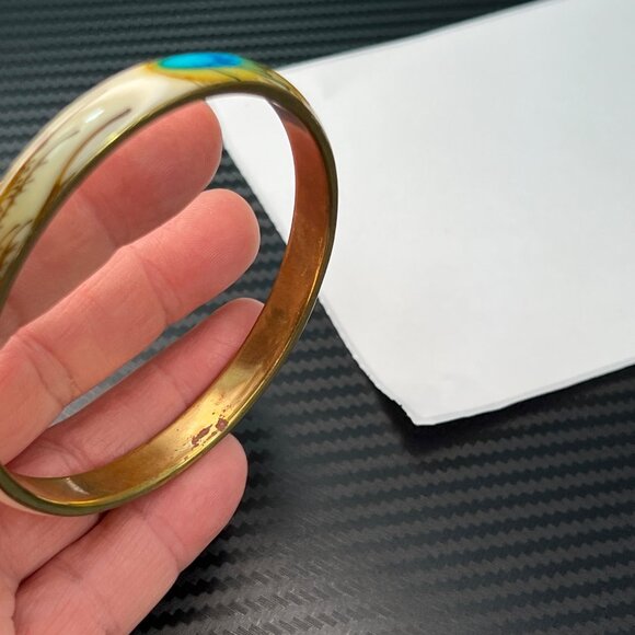 Vintage Enamel Peacock Feather Bangle Gold-Tone Bracelet Cream Blue Green - Picture 9 of 11